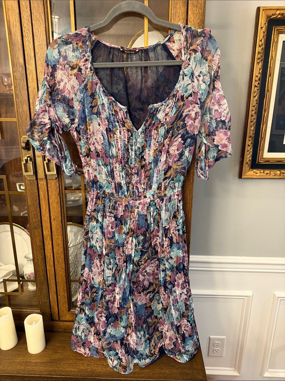 Massimo Dutti Silk Floral Midi Dress - Blue, Pink, Green